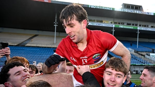 7 December 2025; Conor Geaney of Dingle, top, celebrates with teammates after kicking a two point score to win the AIB Munster GAA Football Senior Club Championship final match between Dingle and St Finbarr's at FBD Semple Stadium in Thurles, Tipperary. P