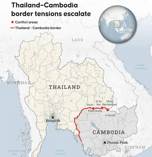 ANKARA, TURKIYE - DECEMBER 8: An infographic titled "ThailandCambodia border tensions escalate" created in Ankara, Turkiye on December 8, 2025. (Photo by Mehmet Yaren Bozgun/Anadolu via Getty Images)
