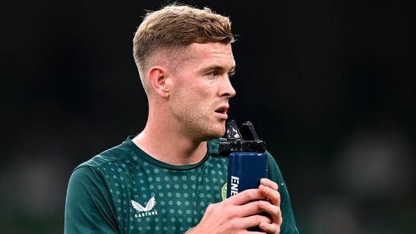 10 September 2023; Nathan Collins of Republic of Ireland takes a drink before the UEFA EURO 2024 Championship qualifying group B match between Republic of Ireland and Netherlands at the Aviva Stadium in Dublin. Photo by Stephen McCarthy/Sportsfile