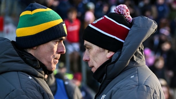 23 February 2025; Donegal manager Jim McGuinness, left, with Galway manager Pádraic Joyce after the Allianz Football League Division 1 match between Galway and Donegal at Pearse Stadium in Galway. Photo by Piaras Ó Mídheach/Sportsfile
