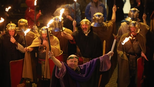 Re-enactors from the Roman Deva Victrix 20th Legion parade through the city of Chester as they celebrate the ancient Roman festival of Saturnalia on December 20, 2012 in Chester, England. Saturnalia was the mid-winter feast when Romans commemorated the dedication of the temple of the god Saturn. Anc