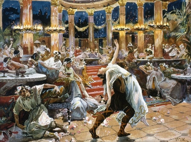 Pagan feast in the palace of Emperor Nero, 1920 drawing by Ulpiano Checa. 