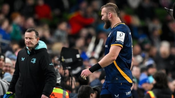 6 December 2025; RG Snyman of Leinster leaves the pitch with an injury during the Investec Champions Cup match between Leinster and Harlequins at the Aviva Stadium in Dublin. Photo by Brendan Moran/Sportsfile