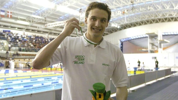 14 December 2003; Ireland's Andrew Bree with the Silver Medal he won in the Men's 200m Breaststroke Final. European Swimming Short Course Championships, National Aquatic Centre, Abbotstown, Dublin, Ireland. Picture credit; Brendan Moran / SPORTSFILE *EDI*
