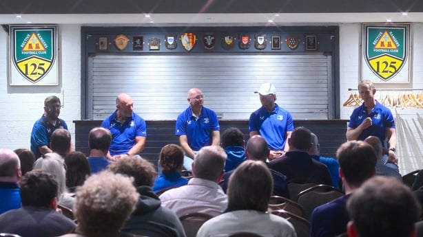 8 October 2024; (EDITORS NOTE: A special effects camera filter was used for this image.) OLSC President Alan Mooney, left, in conversation with Leinster coaches, from left to right, Robin McBryde, Jacques Nienaber, Tyler Bleyendaal and Leo Cullen, during a Leinster Rugby Supporters Q&A at Bective Ra