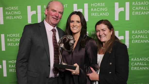 Sports 08122025 No repro Fee.Pictured is Rachael Blackmore, with her mum and dad Charlie and Eimir.