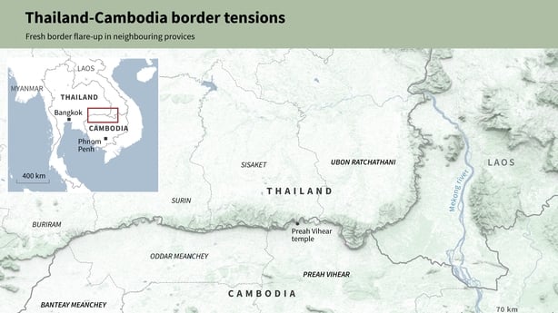 An infographic map showing the area of the Thailand-Cambodia border