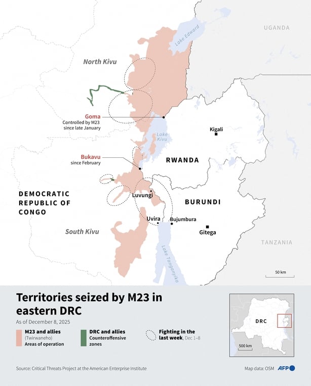 Infographic with map showing eastern Democratic Republic of Congo