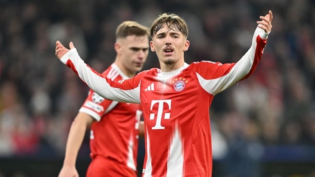 MUNICH, GERMANY - DECEMBER 09: Lennart Karl of FC Bayern München gestures during the UEFA Champions League 2025/26 League Phase MD6 match between FC Bayern München and Sporting Clube de Portugal at Football Arena Munich on December 09, 2025 in Munich, Germany. (Photo by Sebastian Widmann/Getty Image