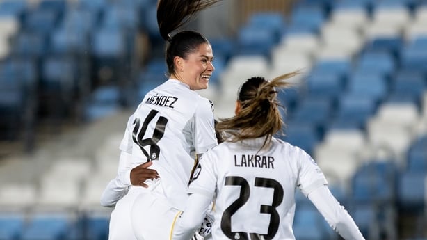 MADRID, SPAIN - DECEMBER 9: Maria Mendez of Real Madrid celebrates with her teammates after scoring her team's first goal during the UEFA Women's Champions League 2025/26 league phase match between Real Madrid CF and VfL Wolfsburg at Estadio Alfredo Di Stefano on December 9, 2025 in Madrid, Spain. (