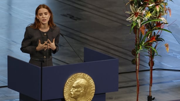 Ana Corina Sosa, daughter of Venezuelan opposition leader Maria Corina Machado, speaks after receiving the Nobel Peace Prize for her mother 