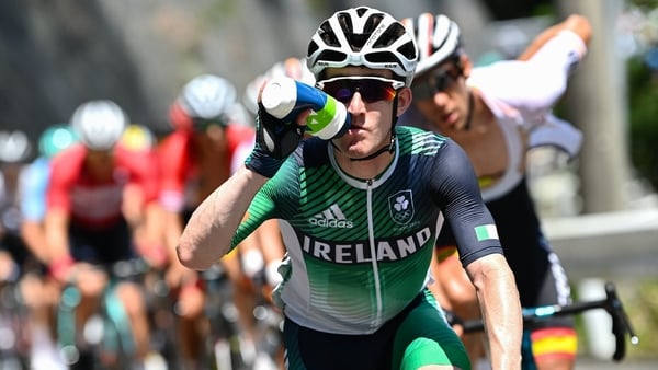 Eddie Dunbar of Ireland in action during the men's cycling road race from Musashinonomori Park to Fuji International Speedway during the 2020 Tokyo Summer Olympic Games
