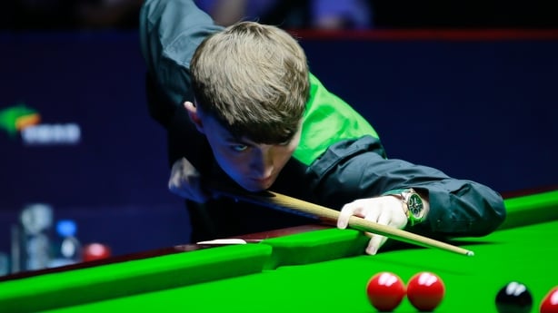WUHAN, CHINA - OCTOBER 06: Robbie McGuigan of Northern Ireland plays a shot in the first round match against Ding Junhui of China on day 1 of 2024 Wuhan Open at China Optics Valley Convention & Exhibition Centre on October 6, 2024 in Wuhan, Hubei Province of China. (Photo by Tai Chengzhe/VCG via Get