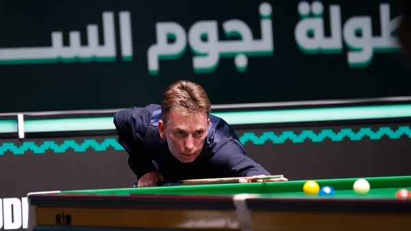 JEDDAH, SAUDI ARABIA - AUGUST 08: Ken Doherty of Ireland plays a shot in the first round match against Jimmy White of England on day 1 of the Saudi Arabia Masters 2025 at Green Halls on August 8, 2025 in Jeddah, Saudi Arabia. (Photo by Tai Chengzhe/VCG vi