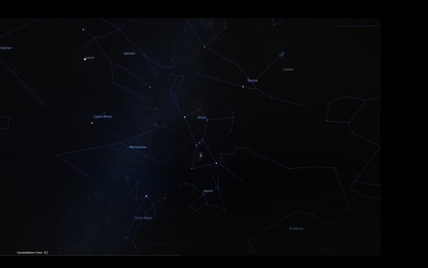 The south facing sky from Ireland through winter, dominated by the constellations of Orion, Taurus, Gemini and Canis Major among others; here annotated.