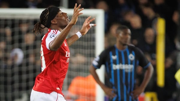 Arsenal's Noni Madueke celebrates his goal against Club Brugge in Champions League, December 2025
