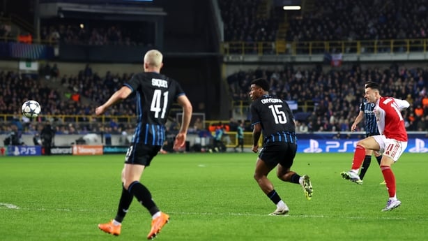 Gabriel Martinelli of Arsenal scoring against Club Brugge in Champions League - December 2025