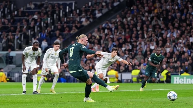 Erling Haaland of Manchester City scores penalty against Real Madrid, Champions League, December 2025