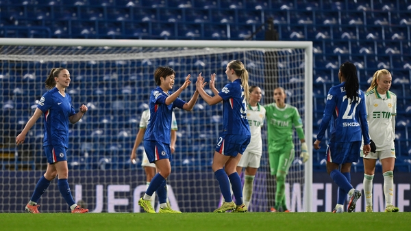 LONDON, ENGLAND - DECEMBER 10: Maika Hamano of Chelsea celebrates scoring her team's fifth goal with teammate Lexi Potter during the UEFA Women's Champions League 2025/26 league phase match between Chelsea FC Women and AS Roma at Stamford Bridge on Decemb
