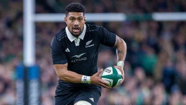 Ardie Savea #8 of New Zealand makes a break during the Ireland V New Zealand Autumn Nations Cup rugby match at Aviva Stadium on November 08, 2024, in Dublin, Ireland.