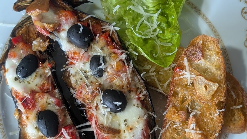 Derry Clarke's baked aubergine with tomato and mozzarella, fried garlic bread with Parmesan