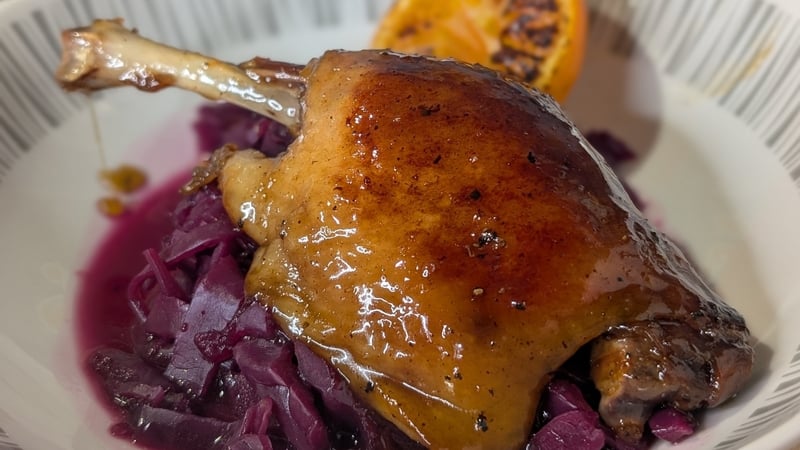 Derry Clarke's airfyrer duck leg with an orange and mustard glaze, braised red cabbage