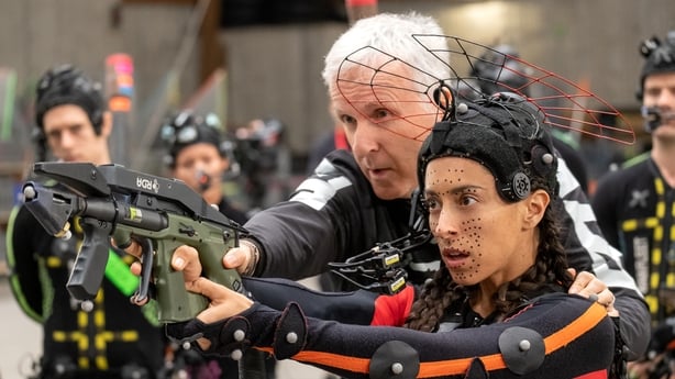 Director James Cameron and Oona Castilla Chaplin on the set of Avatar: Fire and Ash. Photo by Mark Fellman