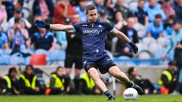 Dublin , Ireland - 28 June 2025; Dublin goalkeeper Stephen Cluxton kicks a free wide late in the second half during the GAA Football All-Ireland Senior Championship quarter-final match between Dublin and Tyrone at Croke Park in Dublin. (Photo By Piaras Ó Mídheach/Sportsfile via Getty Images)