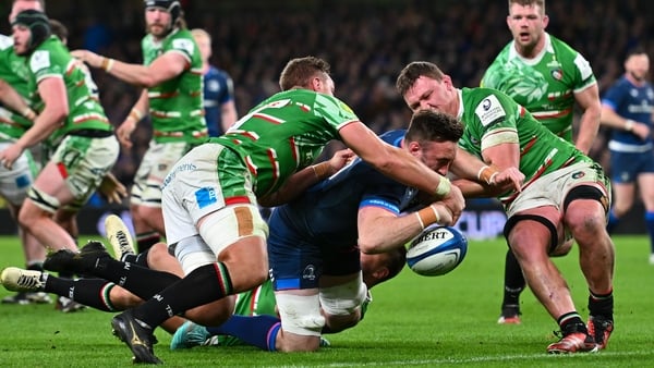 6 April 2024; Jack Conan of Leinster dives over to score his side's fifth which was subsequently disallowed during the Investec Champions Cup Round of 16 match between Leinster and Leicester Tigers at the Aviva Stadium in Dublin. Photo by Tyler Miller/Spo