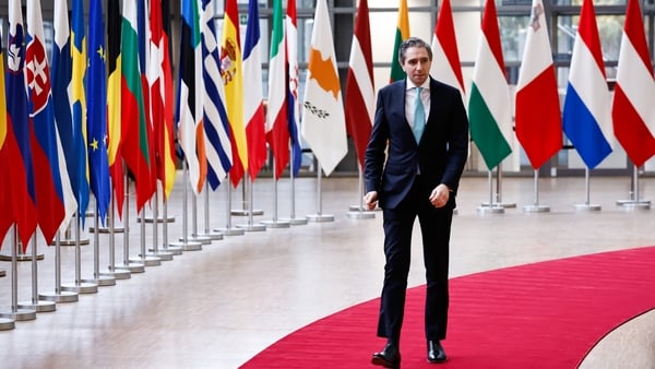 Finance minister Simon Harris arrives for a Eurogroup meeting in Brussels