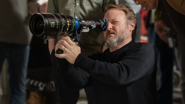 Writer-director Rian Johnson on the set of Wake Up Dead Man: A Knives Out Mystery. Photo: John Wilson/Netflix