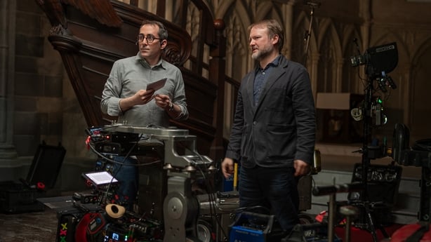 (L-R) Director of Photography Steve Yedlin and writer-director Rian Johnson on the set of Wake Up Dead Man: A Knives Out Mystery. Photo: John Wilson/Netflix