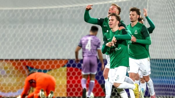 11 December 2025; Óli Valur Ómarsson of Breidablik, centre, celebrates with teammate Arnór Gauti Jónsson, left, after scoring their side's second goal during the UEFA Conference League 2025/26 league phase match between Breidablik and Shamrock Rovers at L