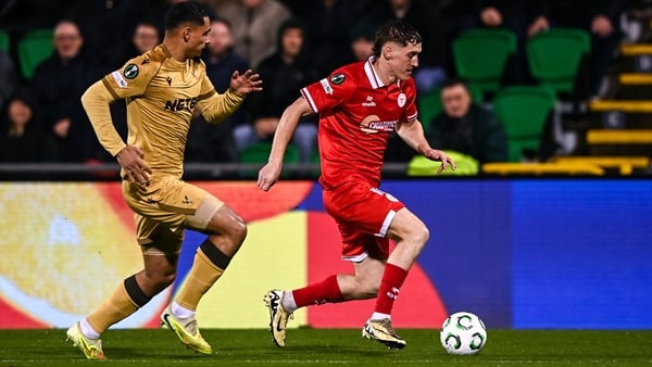 Dublin , Ireland - 11 December 2025; John Martin of Shelbourne in action against Maxence Lacroix of Crystal Palace during the UEFA Conference League 2025/26 league phase match between Shelbourne and Crystal Palace at Tallaght Stadium in Dublin. (Photo By