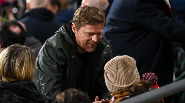 Former Shelbourne manager Damien Duff in attendance during the UEFA Conference League 2025/26 league phase match between Shelbourne and Crystal Palace at Tallaght Stadium in Dublin.