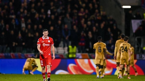 John Martin of Shelbourne reacts after his side concede a second goal scored by Eddie Nketiah of Crystal Palace, not pictured, during the UEFA Conference League 2025/26 league phase match between Shelbourne and Crystal Palace at Tallaght Stadium in Dublin