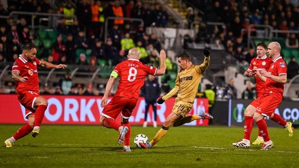 Yeremy Pino of Crystal Palace shoots to score his side's third goal during the UEFA Conference League 2025/26 league phase match between Shelbourne and Crystal Palace at Tallaght Stadium in Dublin.