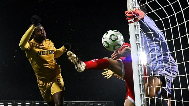 Eddie Nketiah of Crystal Palace heads wide during the UEFA Conference League 2025/26 league phase match between Shelbourne and Crystal Palace at Tallaght Stadium in Dublin.