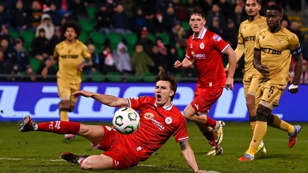 Sean Boyd of Shelbourne misses a shot on goal during the UEFA Conference League 2025/26 league phase match between Shelbourne and Crystal Palace at Tallaght Stadium in Dublin.
