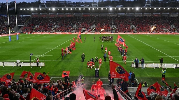 3 February 2024; A general view as the Munster team make their way on to the pitch before the international rugby friendly match between Munster and Crusaders at SuperValu Páirc Uí Chaoimh in Cork. Photo by Sam Barnes/Sportsfile