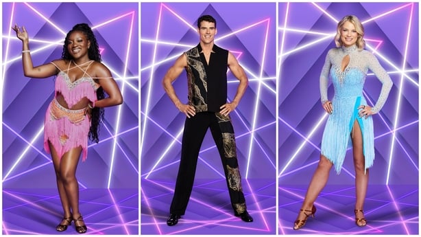 A collage picture of Dancing with the Stars contestants Tolü Makay Philip Doyle and Amber Wilson