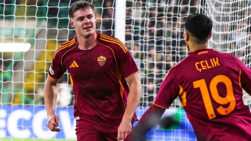 Roma's Evan Ferguson celebrates after scoring to make it 2-0