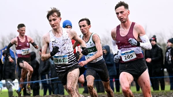 23 November 2025; Nick Griggs of CNDR Track AC, Antrim, left, and Cormac Dalton of Mullingar Harriers AC, Westmeath, compete in the senior men's 7500m during the 123.ie National Cross Country Championships at Templemore Sports Complex in Derry. Photo by R