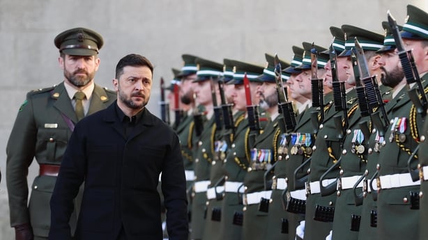 Ukrainian President Volodymyr Zelensky inspects the guard of honour at the Government Buildings in Dublin, during his visit to Ireland. Picture date: Tuesday December 2, 2025.