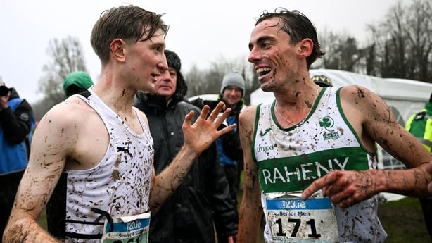 23 November 2025; Nick Griggs of CNDR Track AC, Antrim, left, and race winner Brian Fay of Raheny Shamrock AC, Dublin, after the senior men's 7500m during the 123.ie National Cross Country Championships at Templemore Sports Complex in Derry. Photo by Ramsey Cardy/Sportsfile 