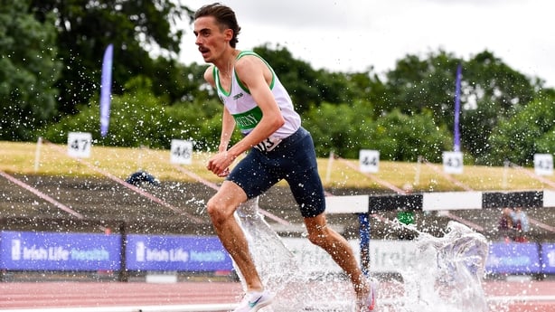 26 June 2021; Brian Fay of Raheny Shamrock AC, Dublin, on his way to winning the Men's 3000m Steeplechase during day two of the Irish Life Health National Senior Championships at Morton Stadium in Santry, Dublin. Photo by Sam Barnes/Sportsfile 