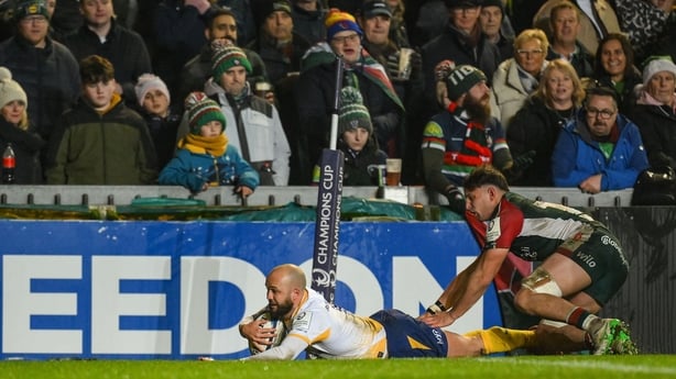Jamison Gibson-Park of Leinster scores his side's first try during the Investec Champions Cup match between Leicester Tigers and Leinster at Mattioli Woods Welford Road in Leicester, England.