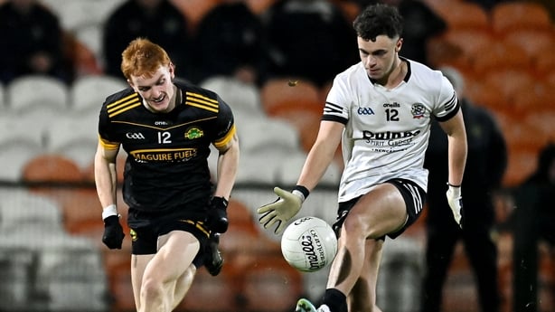 22 November 2025; Shealan Johnston of Kilcoo in action against Aogan Kelm of Erne Gaels during the AIB Ulster GAA Football Senior Club Championship semi-final match between Erne Gaels Belleek and Kilcoo at BOX-IT Athletic Grounds in Armagh. Photo by Oliver McVeigh/Sportsfile