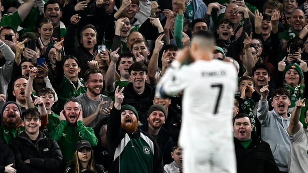 13 November 2025; (EDITOR'S NOTE; Image contains profanity) Republic of Ireland supporters taunt Portugal's Cristiano Ronaldo during the FIFA World Cup 2026 Qualifier match between Republic of Ireland and Portugal at the Aviva Stadium in Dublin. Photo by Seb Daly/Sportsfile