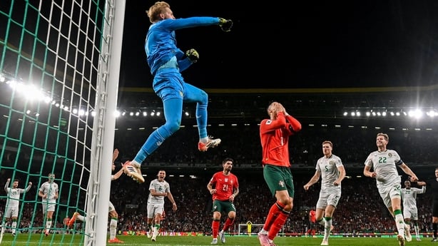 11 October 2025; Republic of Ireland goalkeeper Caoimhin Kelleher celebrates after saving the penalty of Cristiano Ronaldo of Portugal during the FIFA World Cup 2026 Group F qualifying match between Portugal and Republic of Ireland at Estádio José Alvalade in Lisbon, Portugal. Photo by Stephen McCar